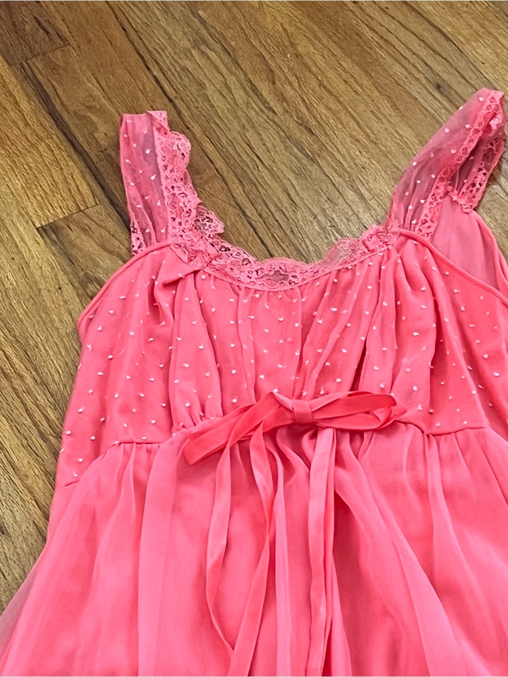 Vintage Coral Pink Chiffon Chemise with Lace Trim
